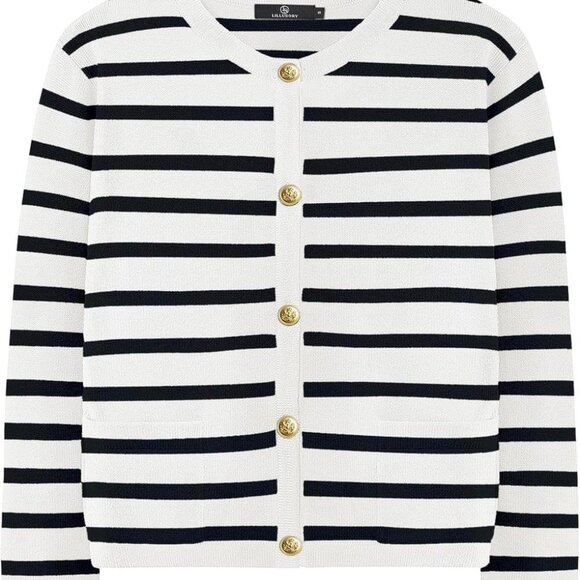 LILLUSORY Black & White Striped Cardigan – Gold Buttons | Size XL | Like New - Picture 5 of 5